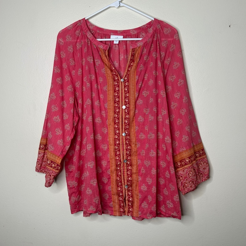 J.Jill Blouse Boho Floral Peasant Pink Cotton Button Front Top size XL